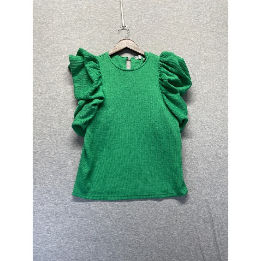 THML Rib Knit Blouse Top Womens XS Green Stretch Ruffle Puff Sleeve Keyhole Back
